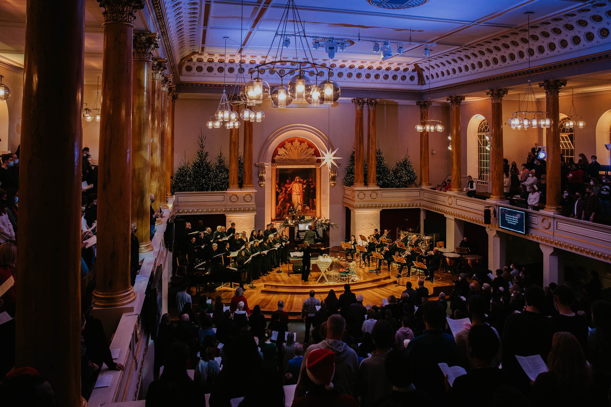 A Christmas carol service at All Souls. With choir, brass, manger, star and Christmas tree forest.